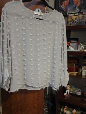 Solitaire Light Gray Pom-Pom Textured Long-Sleeve Blouse